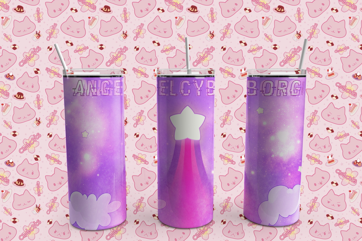 Angel Cyborg Galaxy Simulation Drink Tumbler, 20 oz,  Skinny Tumbler, Angel Cyborg x Chubcats Crossover Collab