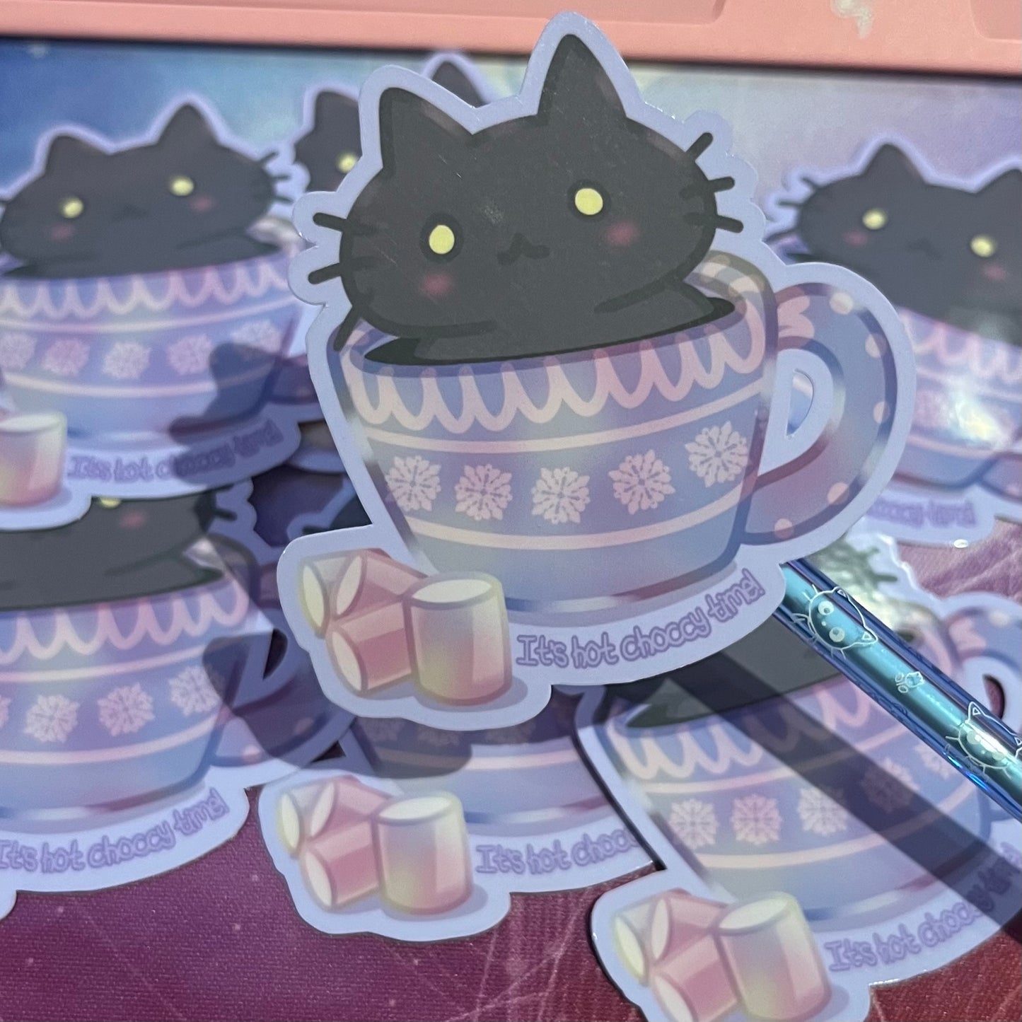 It’s Hot Choccy Time, Hot Chocolate Cat Die Cut Sticker, 3" Waterproof & UV Resistant Vinyl Stickers