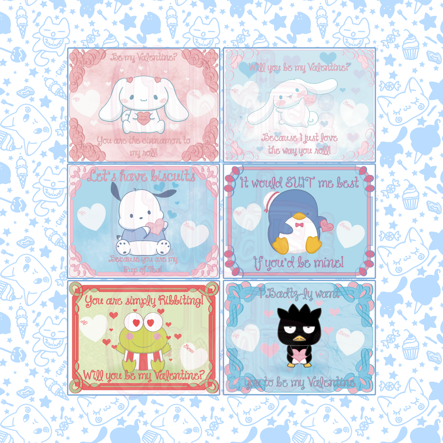 Sanrio Valentine's Day Cards blue - Set of 6, 4x3" - Cards & Stationery