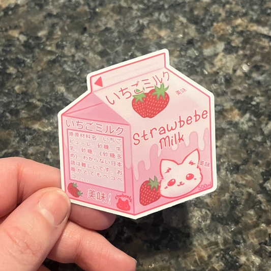 Strawberry Milk Carton - 3" Waterproof & UV Resistant Vinyl Stickers