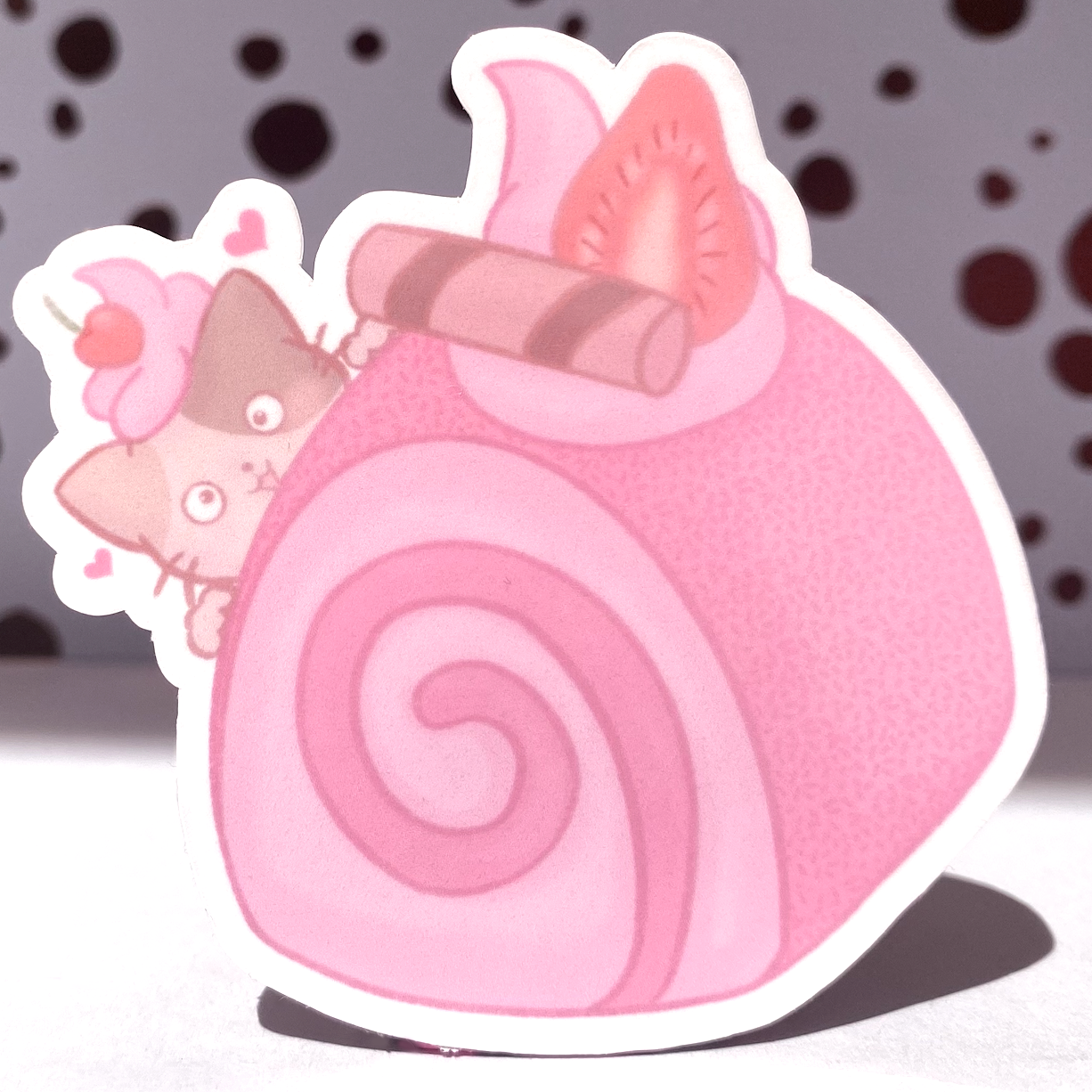 Strawberry Chocolate Swiss Cake Roll Kitty Cat Die Cut Sticker, 3" Waterproof & UV Resistant Vinyl Stickers