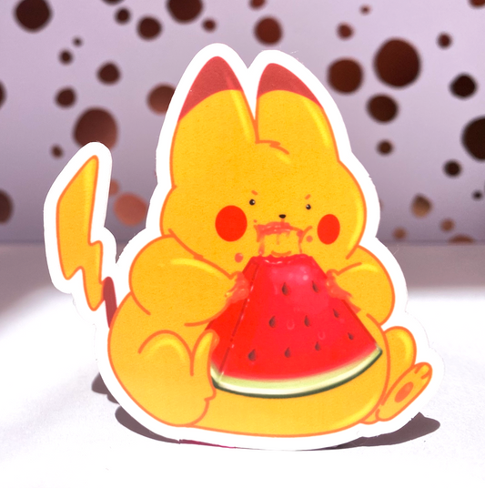 Pokemon Emotional Eating, Pikachu Eats a Watermelon, Die Cut Sticker, 3" Waterproof & UV Resistant Vinyl Stickers