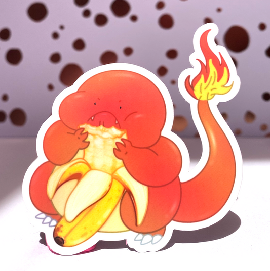 Pokemon Emotional Eating, Charmander Eats a Banana, Die Cut Sticker, Water Resistant Vinyl Stickers