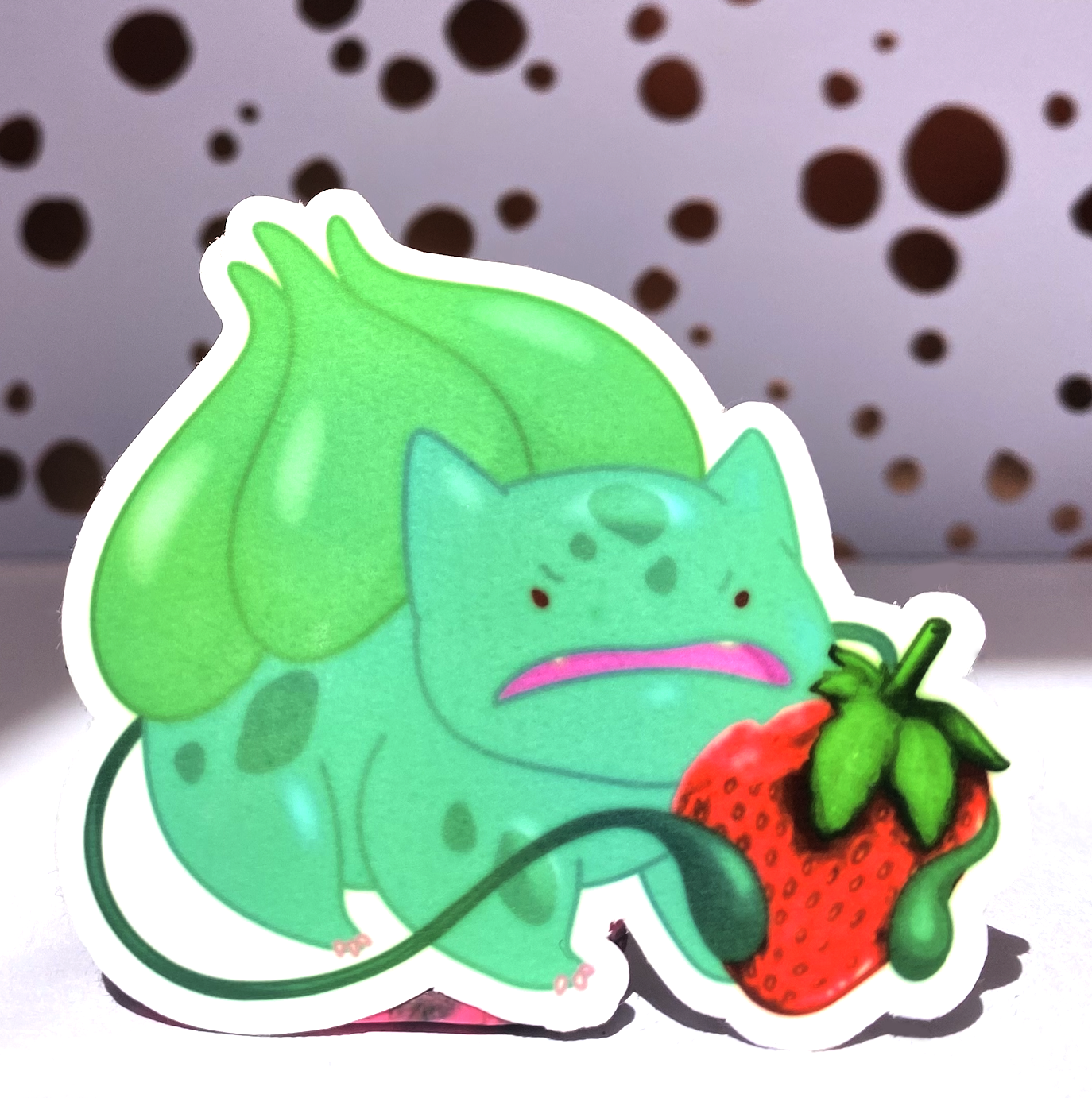 Pokemon Emotional Eating, Bulbasaur Eats a Strawberry, Die Cut Sticker, 3" Waterproof & UV Resistant Vinyl Stickers