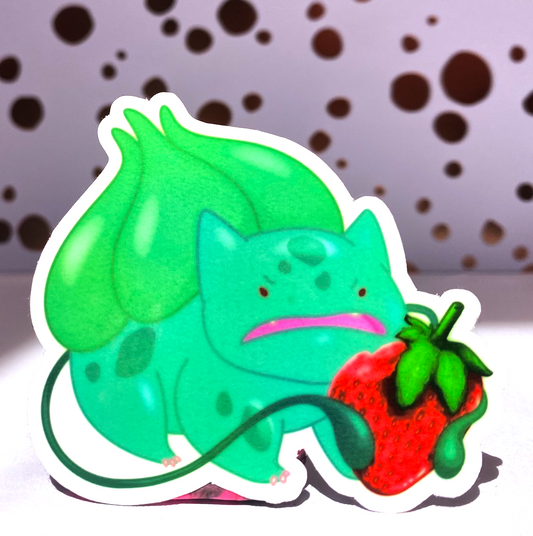 Pokemon Emotional Eating, Bulbasaur Eats a Strawberry, Die Cut Sticker, Water Resistant Vinyl Stickers