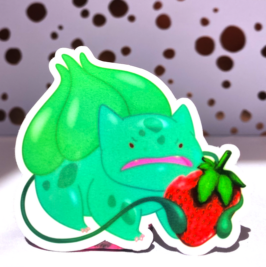 Pokemon Emotional Eating, Bulbasaur Eats a Strawberry, Die Cut Sticker, 3" Waterproof & UV Resistant Vinyl Stickers