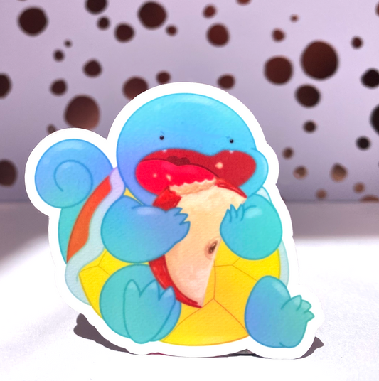 Pokemon Emotional Eating, Squirtle Eats an Apple, Die Cut Sticker, 3" Waterproof & UV Resistant Vinyl Stickers