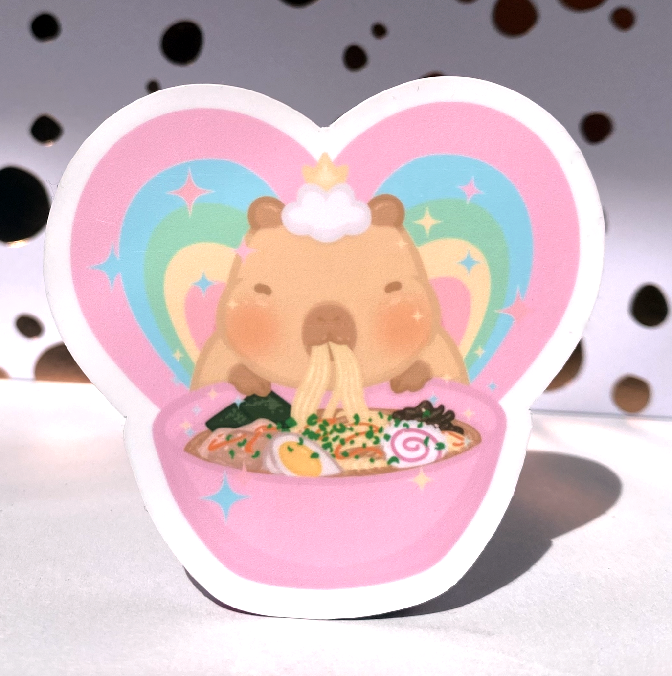 Hearts, Rainbows and Ramen Capybara Die Cut Sticker, 3" Waterproof & UV Resistant Vinyl Stickers