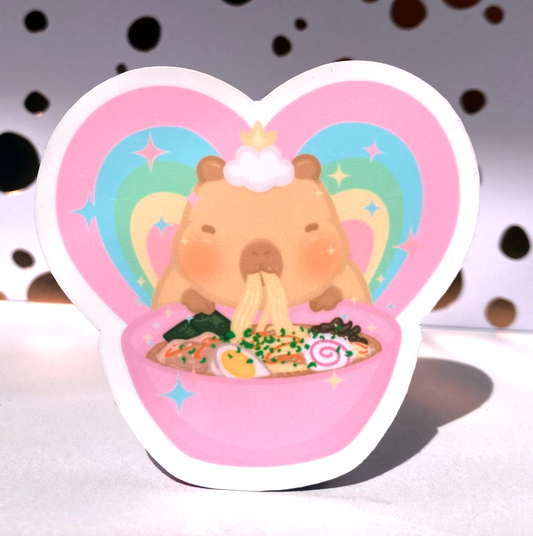 Hearts, Rainbows and Ramen Capybara Die Cut Sticker, Water Resistant Vinyl Stickers