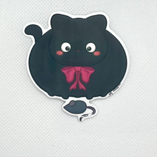 Fat Black Cat and Mouse Die Cut Sticker, Water Resistant Vinyl Stickers