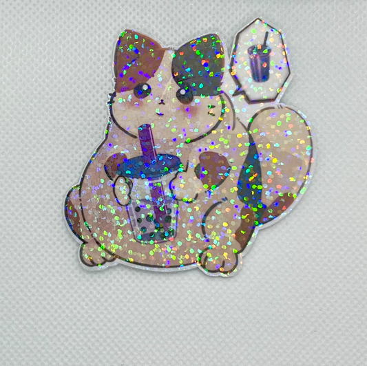 Boba Tea Kitty Holographic Die Cut Sticker, Water Resistant Vinyl Stickers