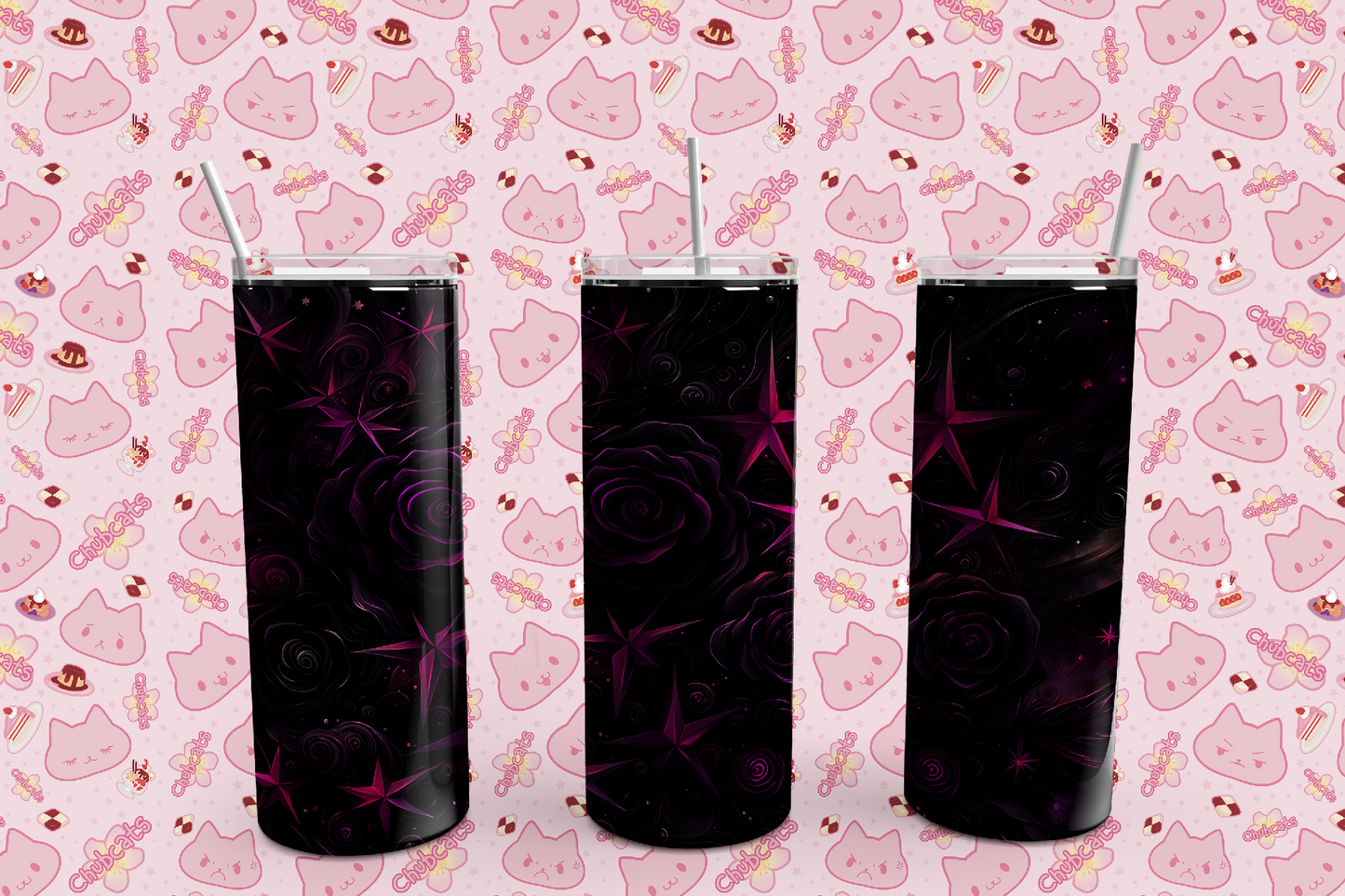 Pink Purple Black Rose And Stars Drink Tumbler, 20 oz, Stars, Roses, skinny tumbler