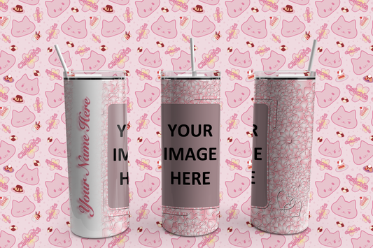 Custom Pink Hearts Tumbler with any Picture, Personalized Photo Tumbler with text, 20 oz, Gift, Valentine's Day, Anniversary, Wedding