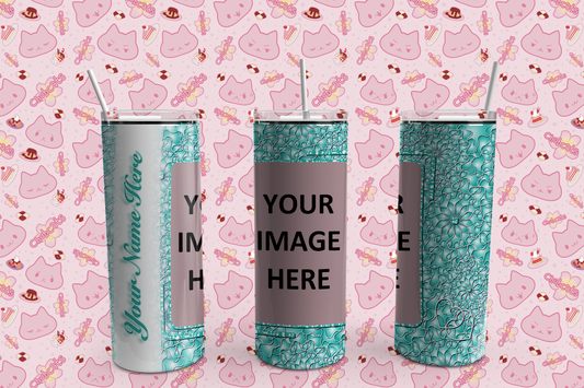Custom Teal Hearts Tumbler with any Picture, Personalized Photo Tumbler with text, 20 oz, Gift, Valentine's Day, Anniversary, Wedding