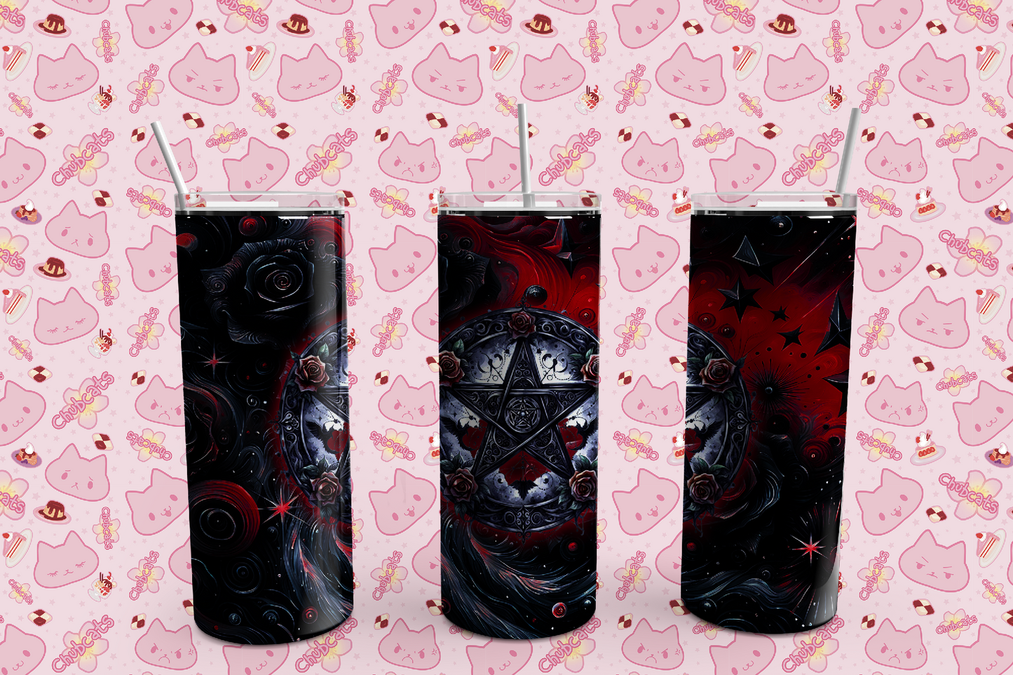 Red Black Pentagram Rose And Stars Drink Tumbler, 20 oz, Pink, Wicca, Stars, Roses, skinny tumbler