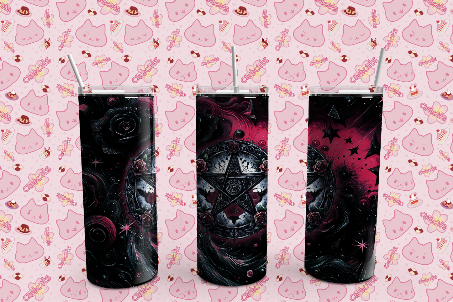 Red Black Pentagram Rose And Stars Drink Tumbler, 20 oz, Pink, Wicca, Stars, Roses, skinny tumbler