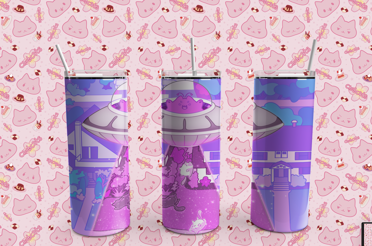 Alien Cat UFO Drink Tumbler, 20 oz, skinny tumbler, kawaii neko