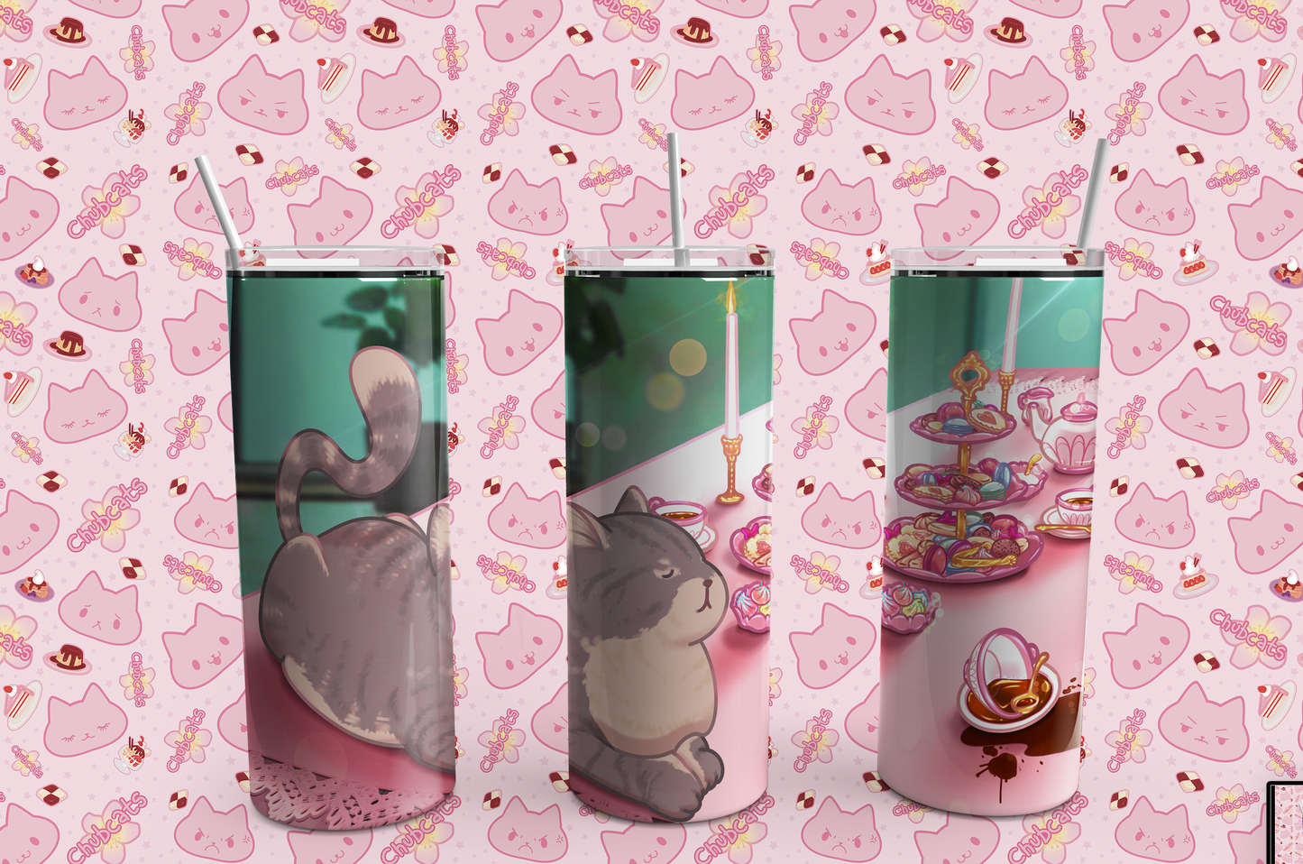 Cat Spilled Tea Drink Tumbler, 20 oz, skinny tumbler, kawaii neko