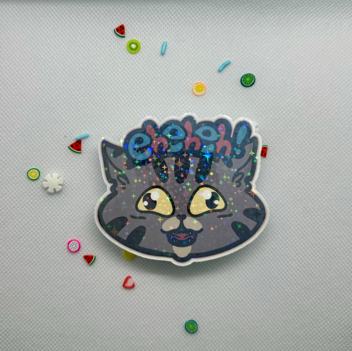 hehe! Emoji Kitty, Holographic - 3" Waterproof & UV Resistant Vinyl Stickers