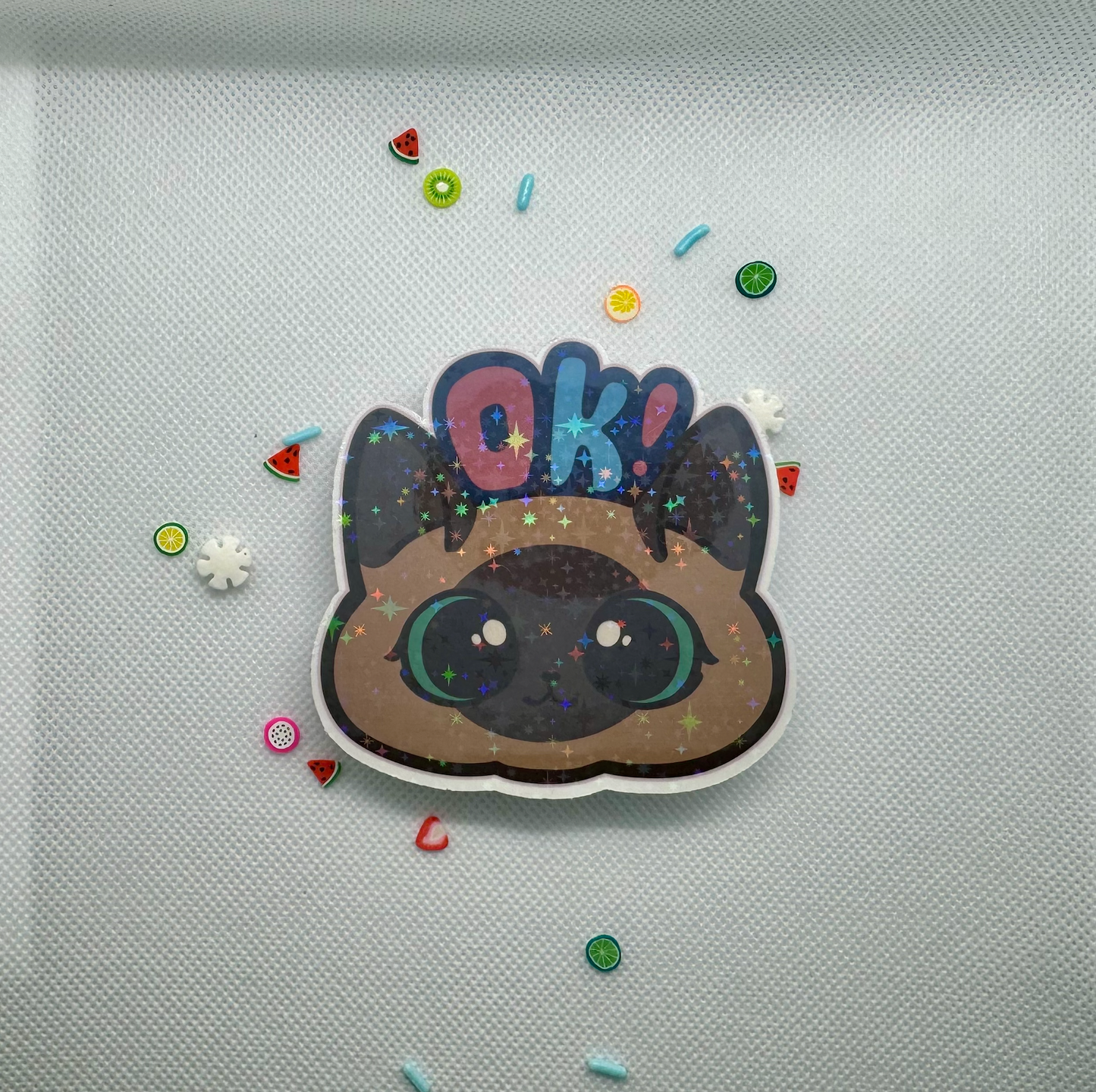 Ok! Emoji Kitty, Holographic - 3" Waterproof & UV Resistant Vinyl Stickers