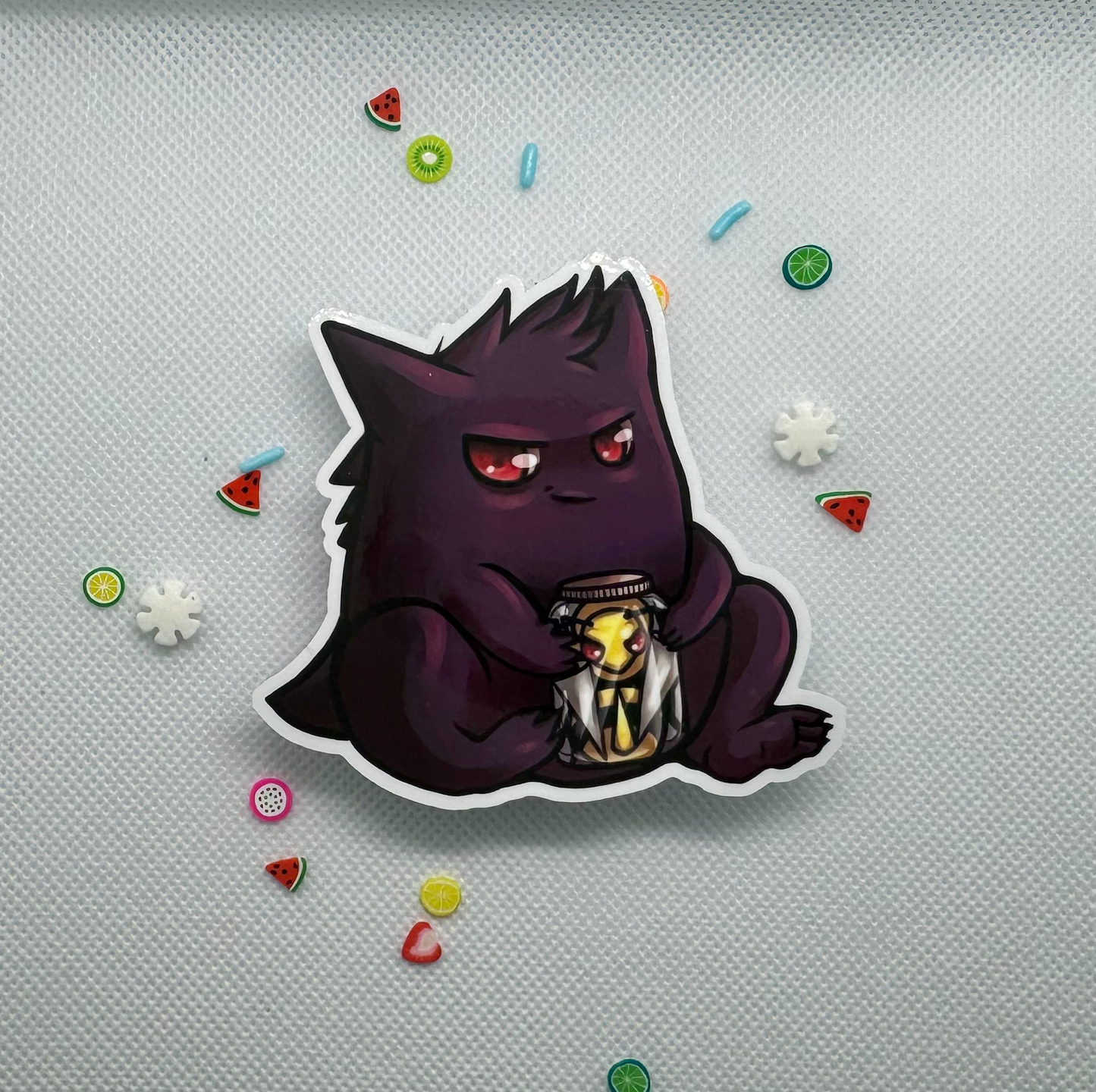 Gengar caught Beedril, Pokemon - 3" Waterproof & UV Resistant Vinyl Stickers