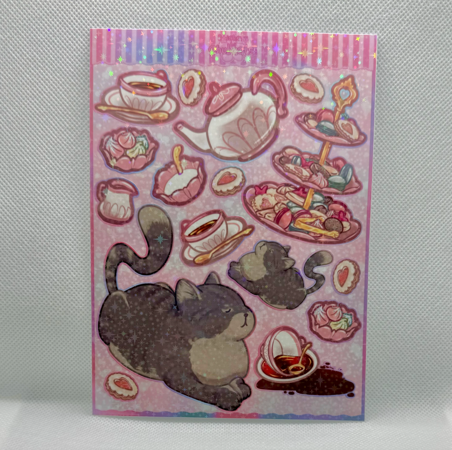 Tea Party Cat - Holographic Sticker Sheet, Waterproof & UV Resistant Vinyl Stickers