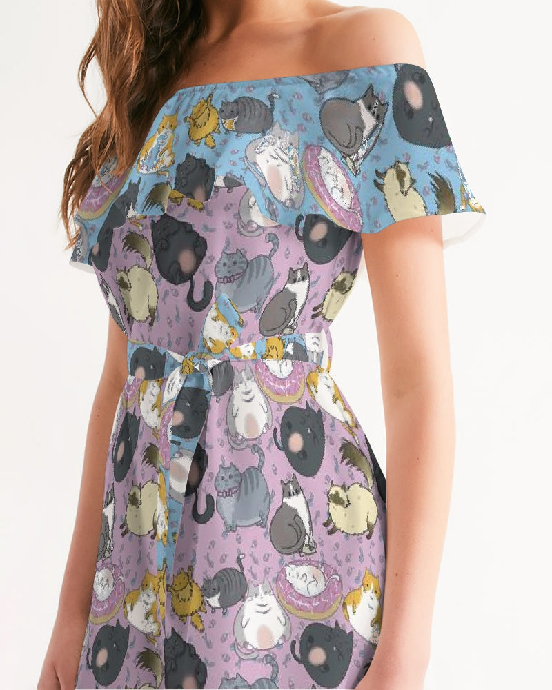 All Over Chubby Cats - Pink and Blue Women's Off-Shoulder Dress