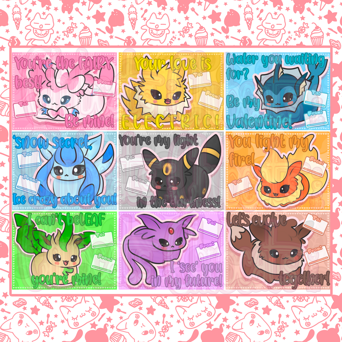 Eeveelutions Valentine's Day Cards - Set of 9 2.75x3.5" - Cards & Stationery