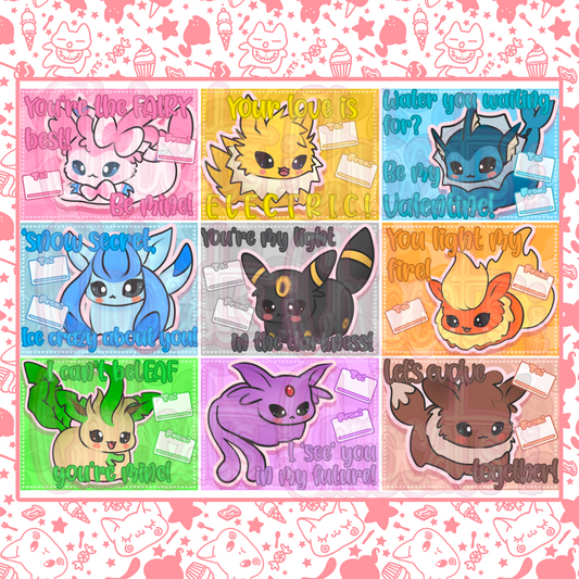 Eeveelutions Valentine's Day Cards - Set of 9 2.75x3.5" - Cards & Stationery