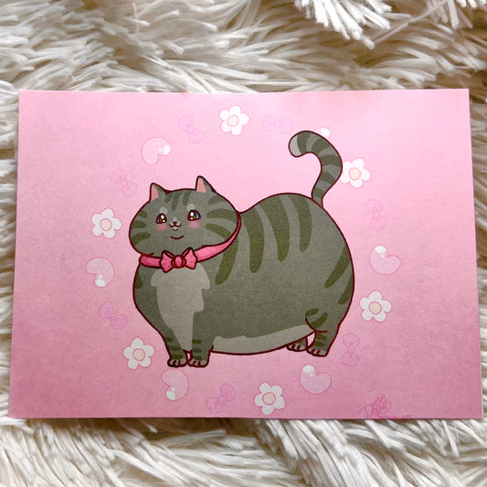 Grey Tabby Pink Hearts & Flowers - Poster / Postcard Print