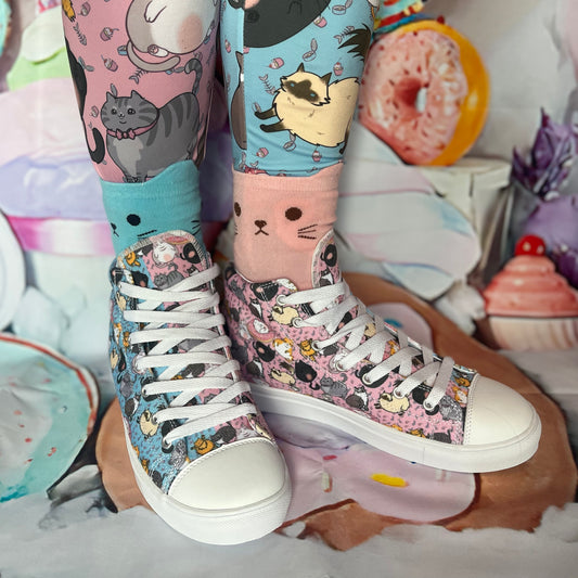 All Over Chubby Cats - Pink and Blue Kids Hightop Canvas Shoes