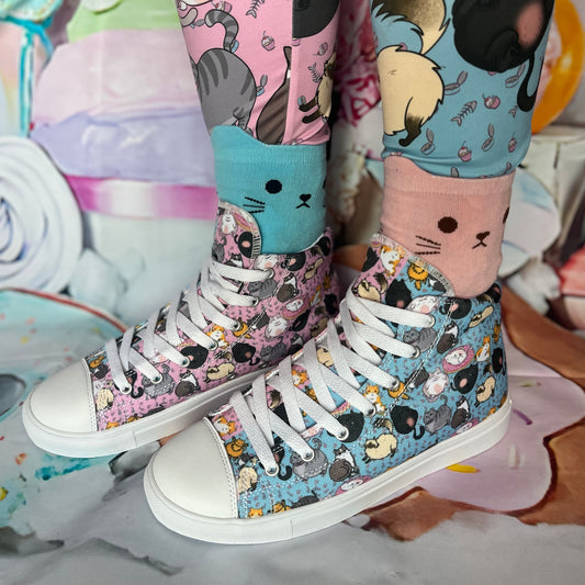 All Over Chubby Cats - Pink and Blue Men's Hightop Canvas Shoes