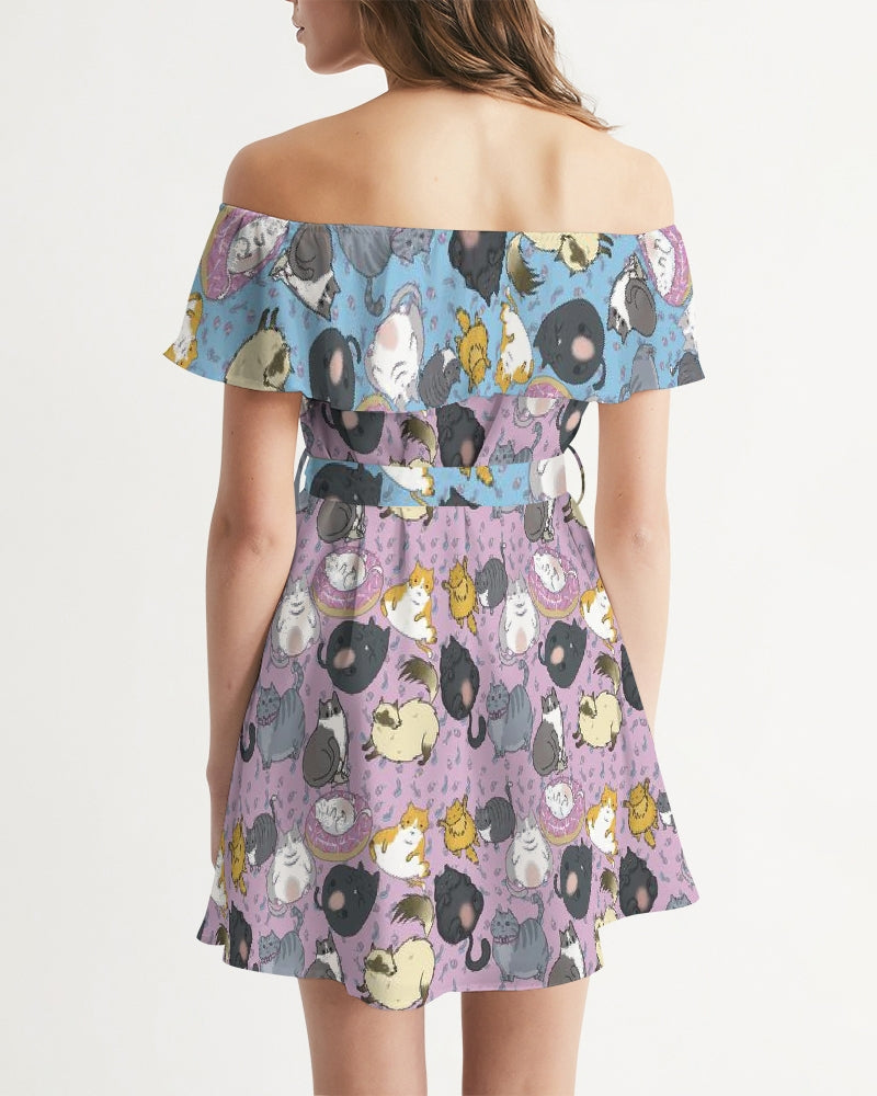 All Over Chubby Cats - Pink and Blue Women's Off-Shoulder Dress